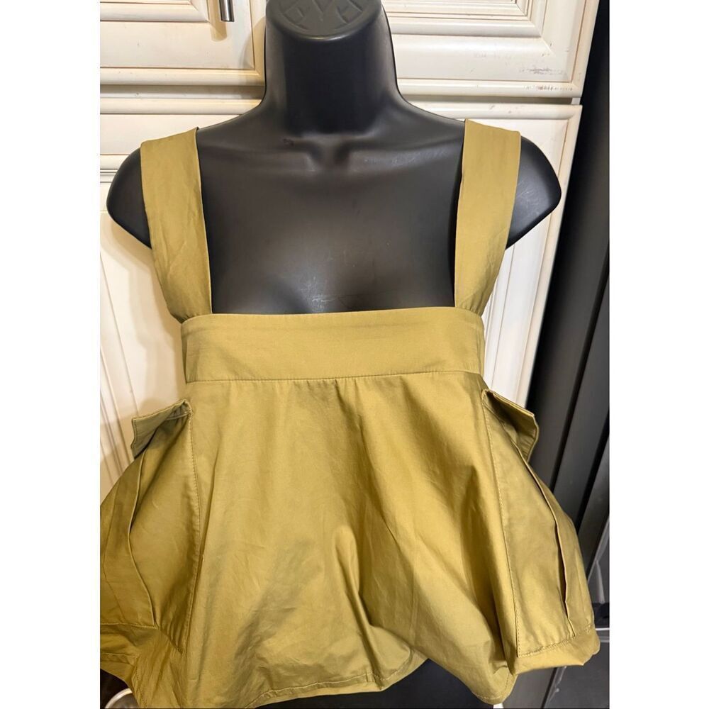 Tela Womens Italian Pleated Cargo Pockets Flared Cotton Top Olive Size 42 NWT